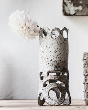 Cutout circle vase for lovers of quirky unique ceramics handmade by clay beehive ceramics
