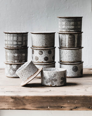 Rustic french style tartan patterned grey and white butter bells by clay beehive ceramics
