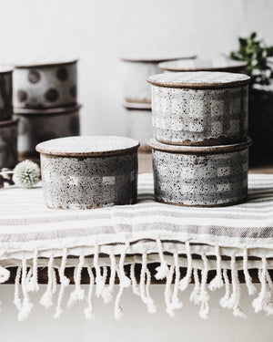 Rustic french style tartan patterned grey and white butter bells by clay beehive ceramics