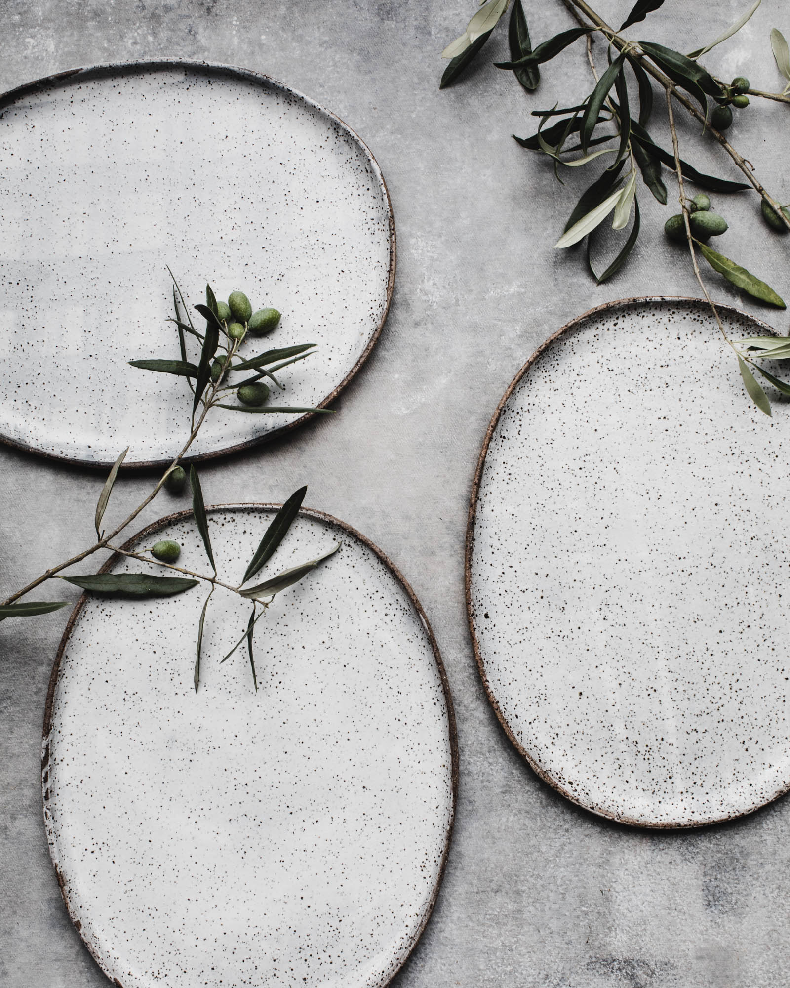 Rustic speckled white / soft grey oval shaped platters  (Large 35cm Length)