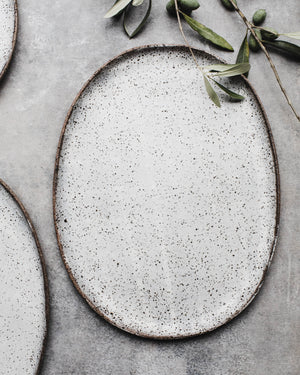 Rustic speckled white / soft grey oval shaped platters  (Large 35cm Length)