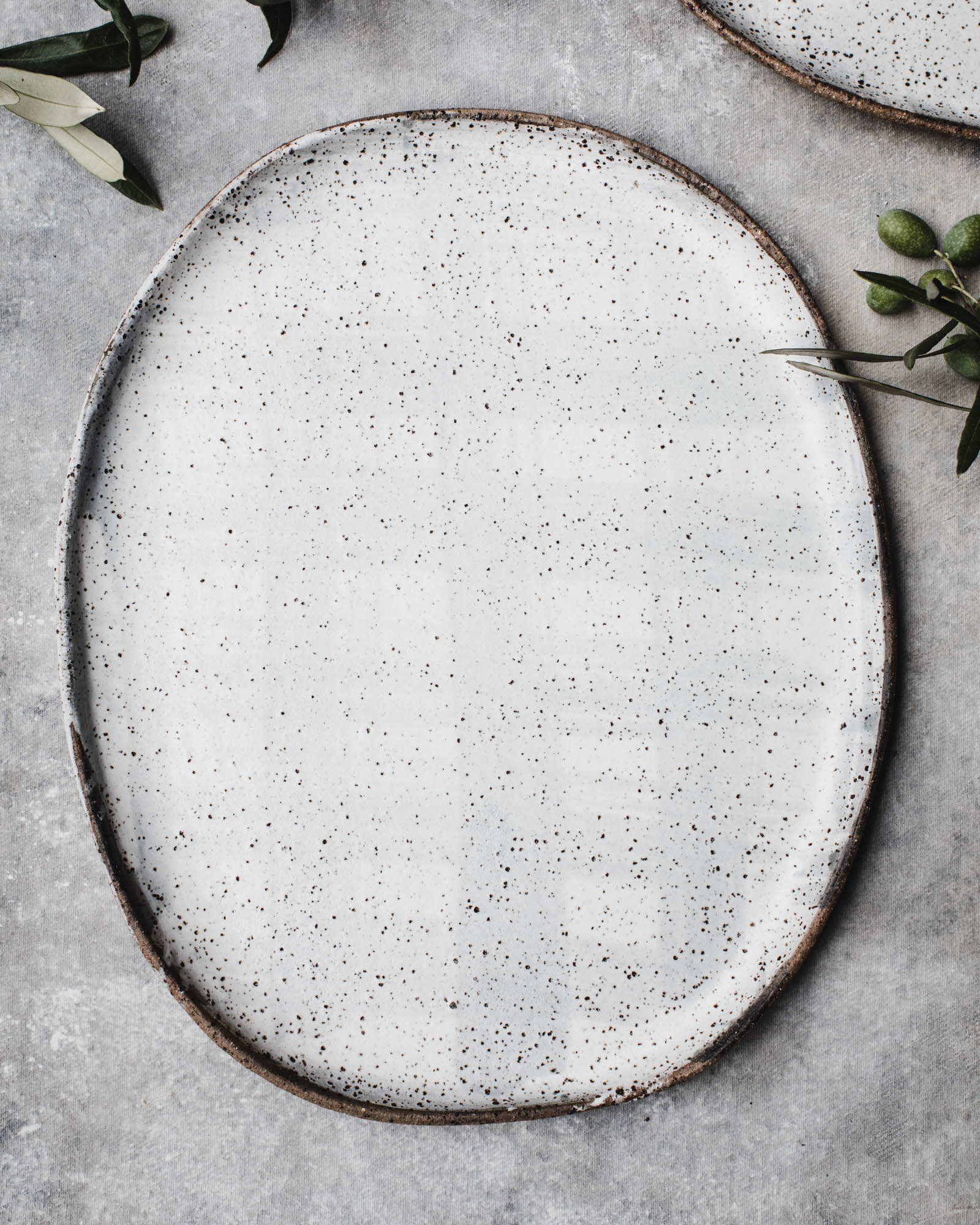 Rustic speckled white / soft grey oval shaped platters  (Large 35cm Length)