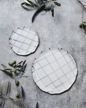 Tartan pattern earthy organic rim plates in blue and white by clay beehive ceramics