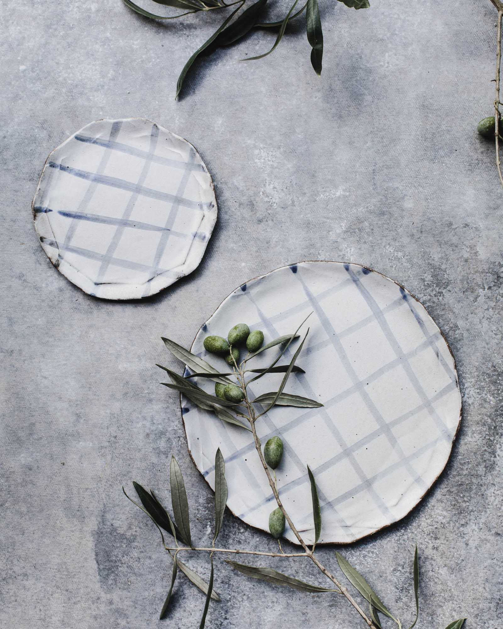 Tartan pattern earthy organic rim plates in blue and white by clay beehive ceramics
