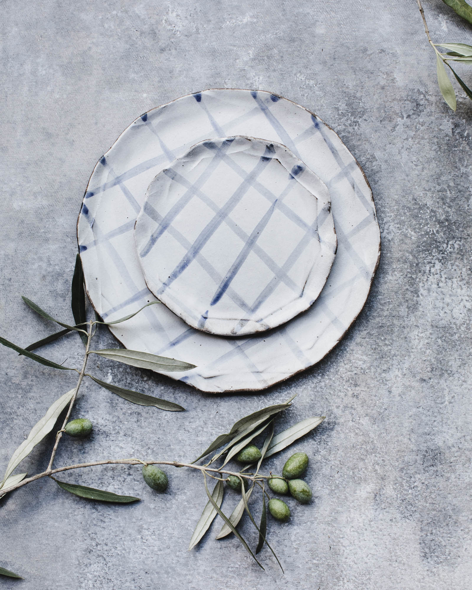 Tartan pattern earthy organic rim plates in blue and white by clay beehive ceramics