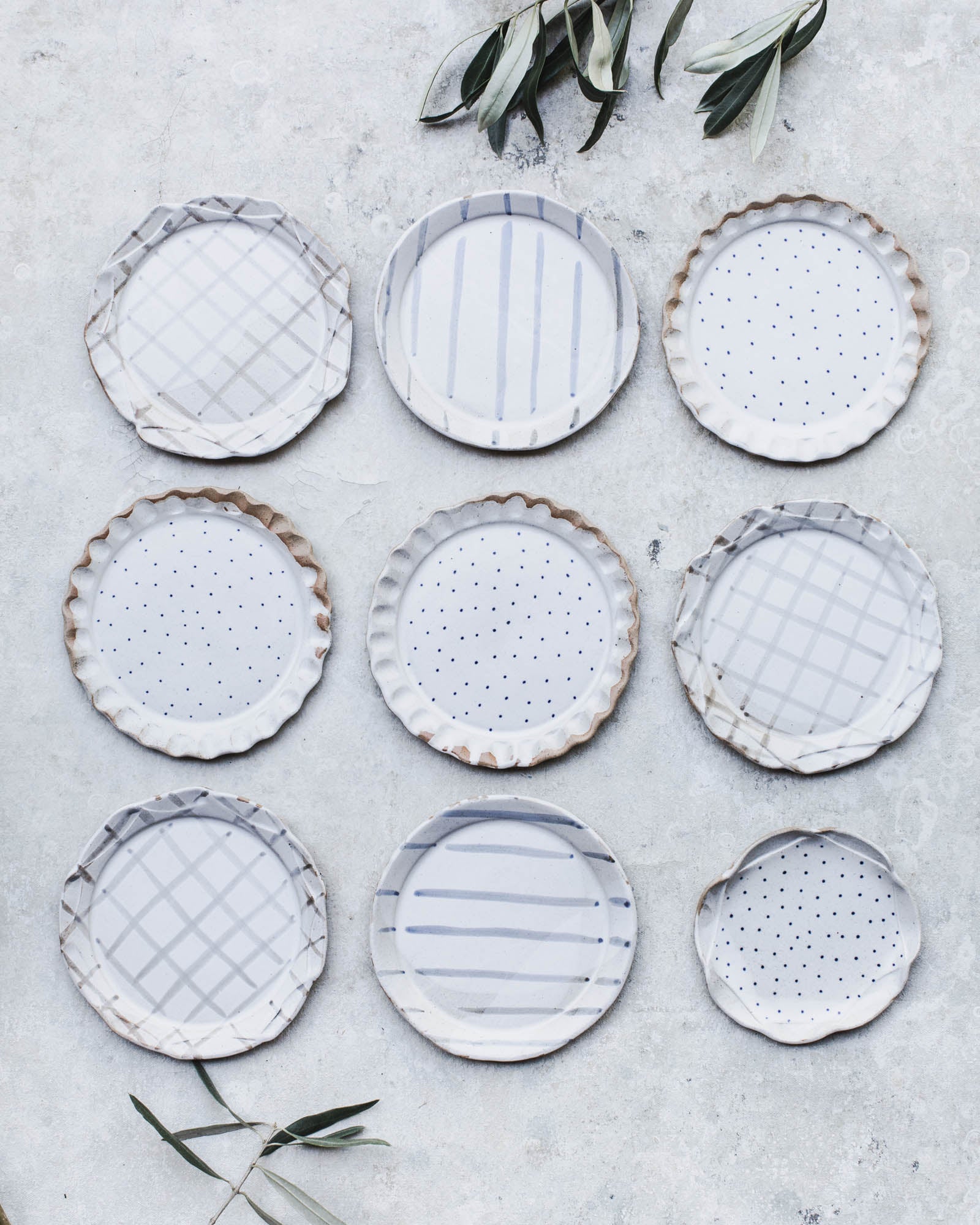 Pretty cake plates with blue and grey patterns handmade by clay beehive ceramics