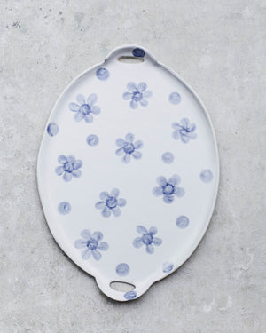 Large handled handmade ceramic platter/cheeseboard by clay beehive ceramics with botanical design in blue and satin white finish