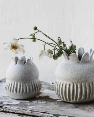 speckled white scalloped rim bud vases handmade on the pottery wheel by clay beehive ceramics