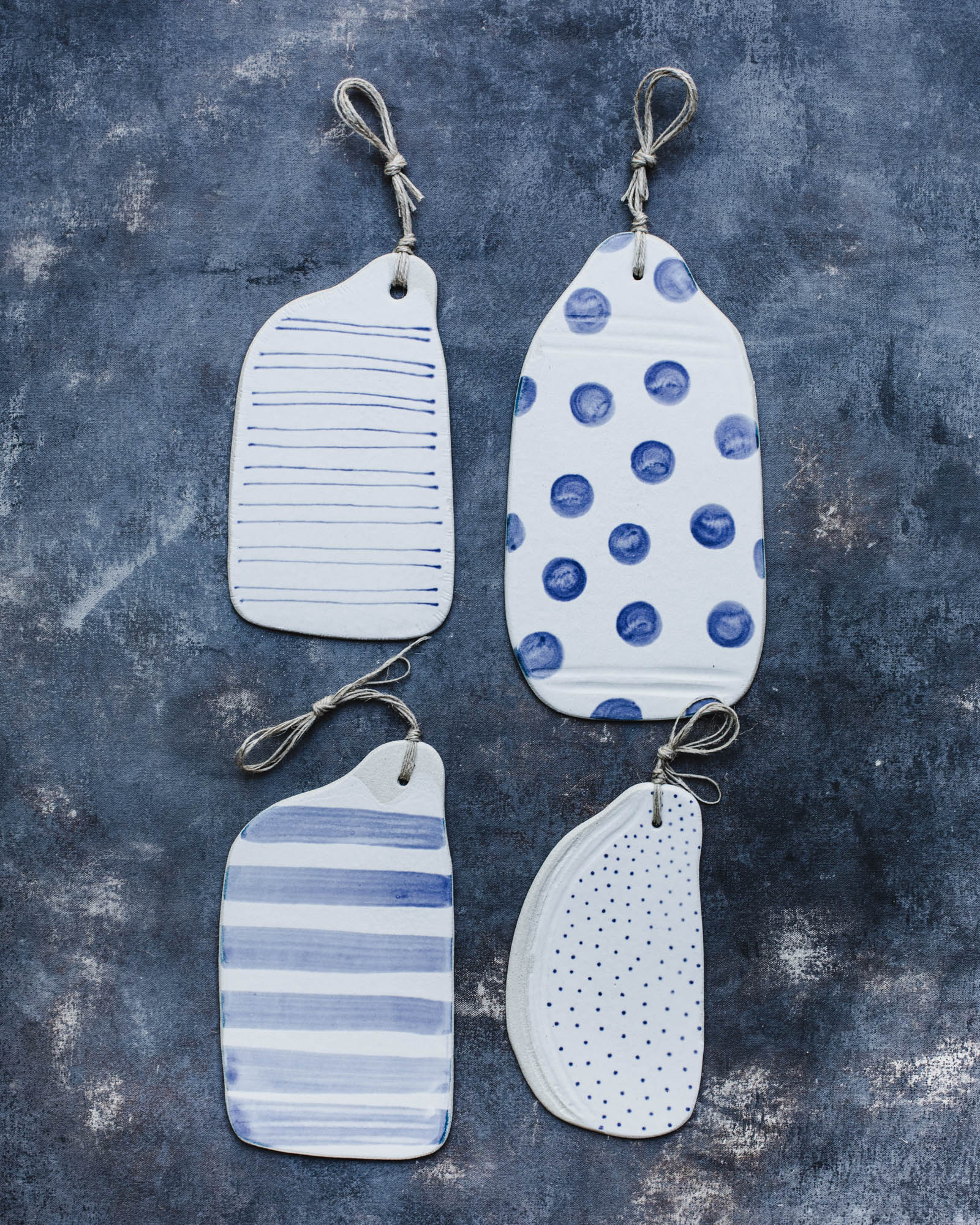 Blue and white patterned cheese boards/plates by clay beehive ceramics