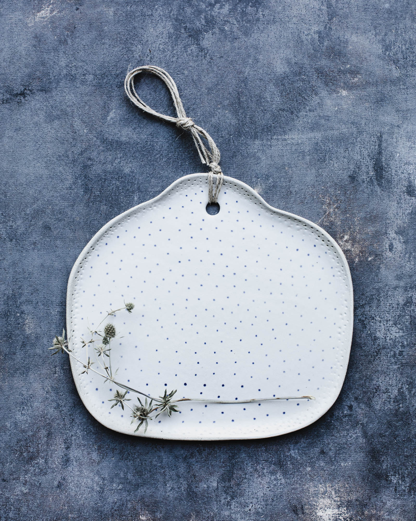 Rustic white blue freckles square platter handmade by clay beehive ceramics