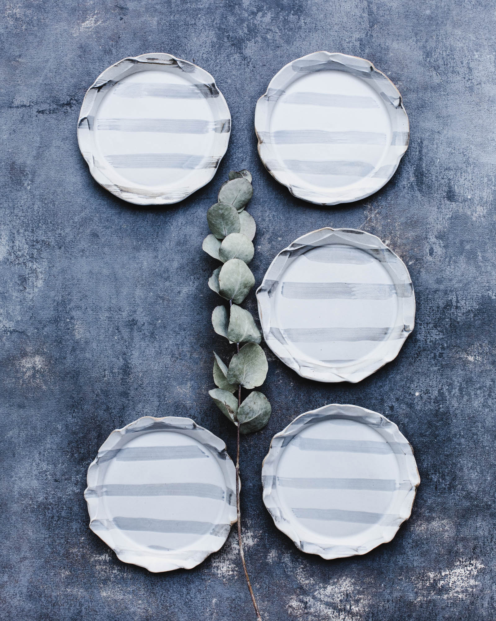 Handmade earthy rim cake plates with grey lines by clay beehive cermics