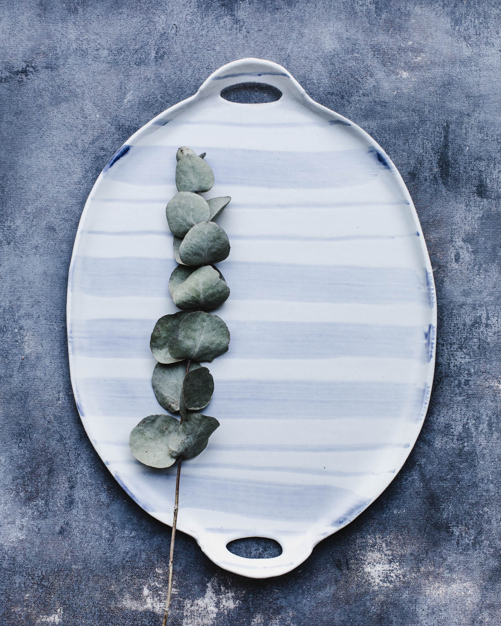 Nautical striped blue and white platter with easy grip handles handmade by clay beehive ceramics