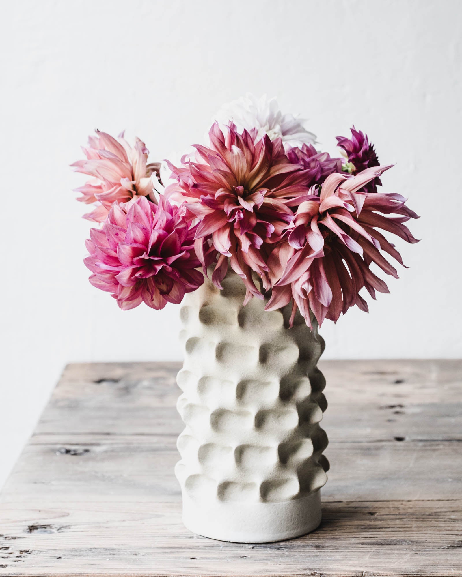 pinched texured pattern rustic white large flower vase hand made by clay beehive cermics