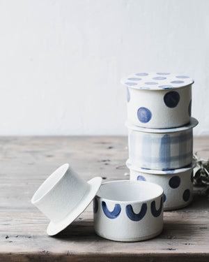 French style Butter Bell dish handmade with blue and white patterns by clay beehive ceramics
