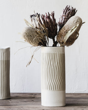 Hand-made tall cylindrical vase with carvings by clay beehive ceramics