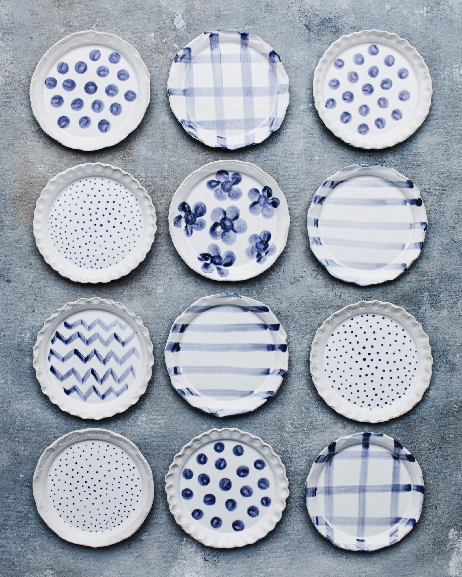 Blue and white decorative patterned cake plates by clay beehive ceramics