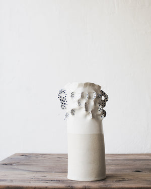 Pinched white large vase decorated with blue spots and ears handmade by clay beehive ceramics