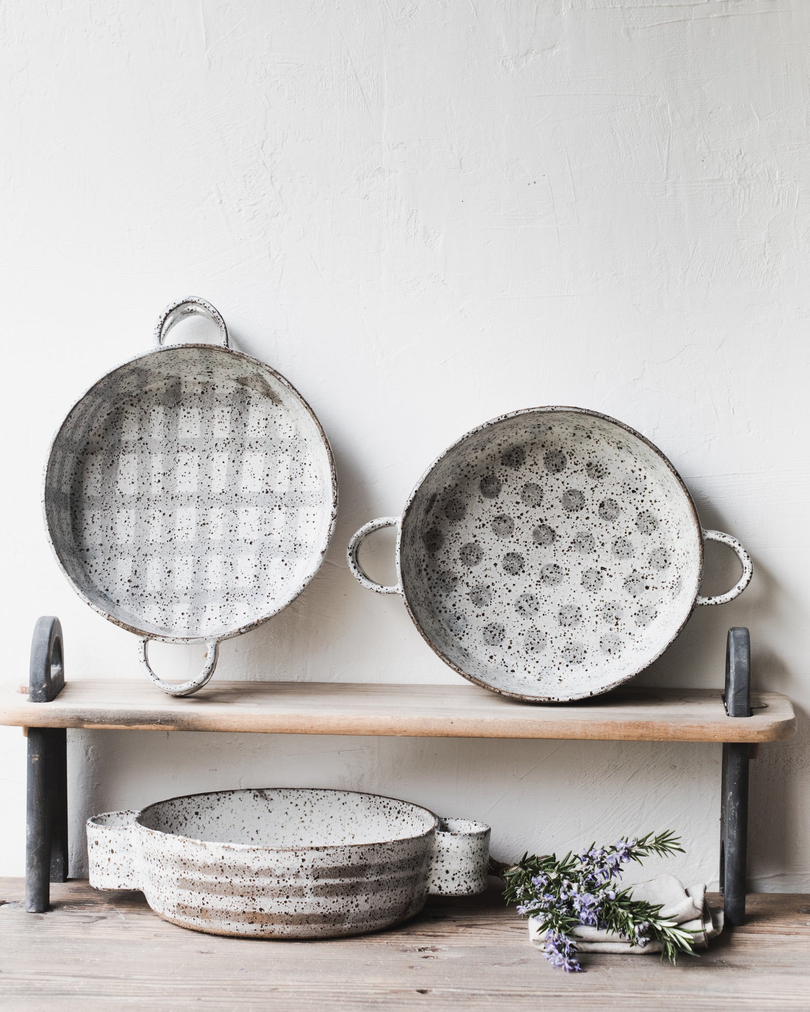 Handmade patterned ceramic deep baking dishes with easy grip handles by Clay Beehive 