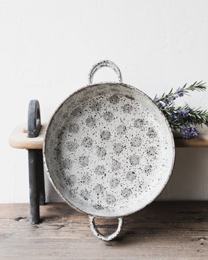 Handmade patterned ceramic deep baking dishes with easy grip handles by Clay Beehive 
