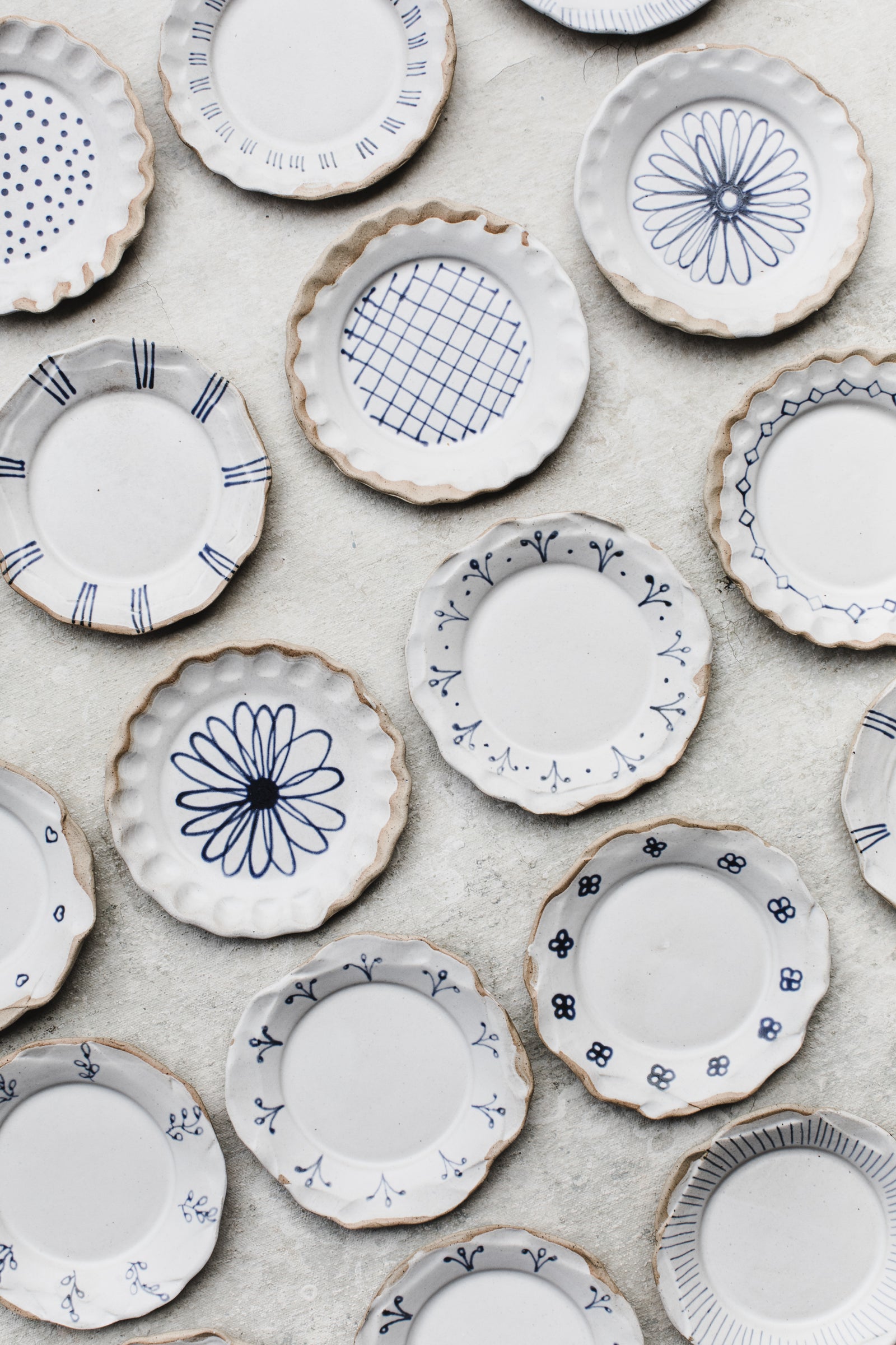Teeny tiny trinket, jewellery, snack plates in blue and white by clay beehive ceramics