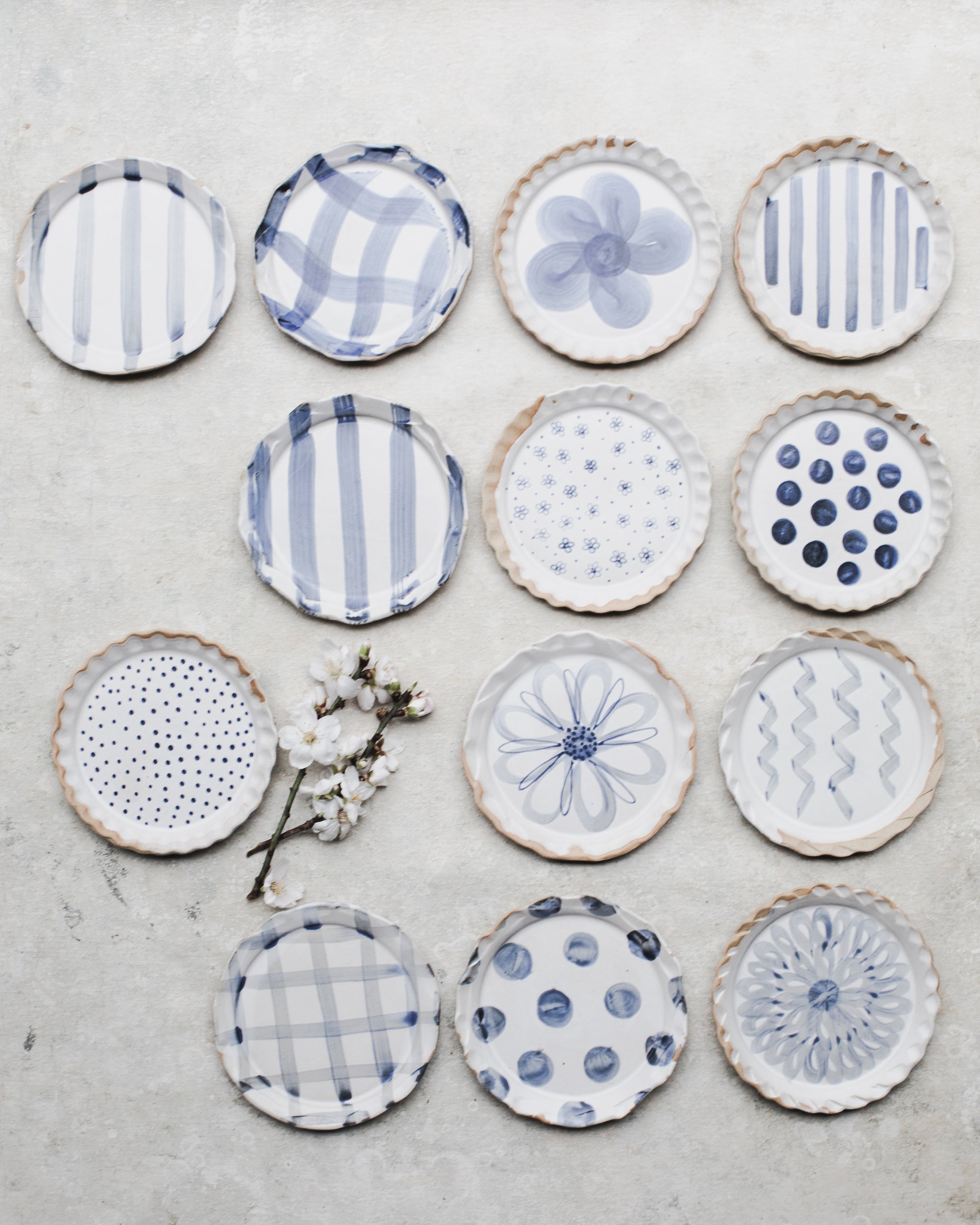 Handmade and painted ceramic cake plates in blue and white patterns 14cm by clay beehive ceramics
