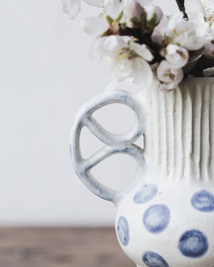 Blue polka dot pretzel handled vase by clay beehive ceramics