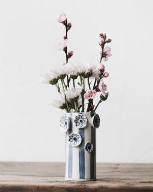 Flower and lines vase in blue and white designed by clay beehive ceramics