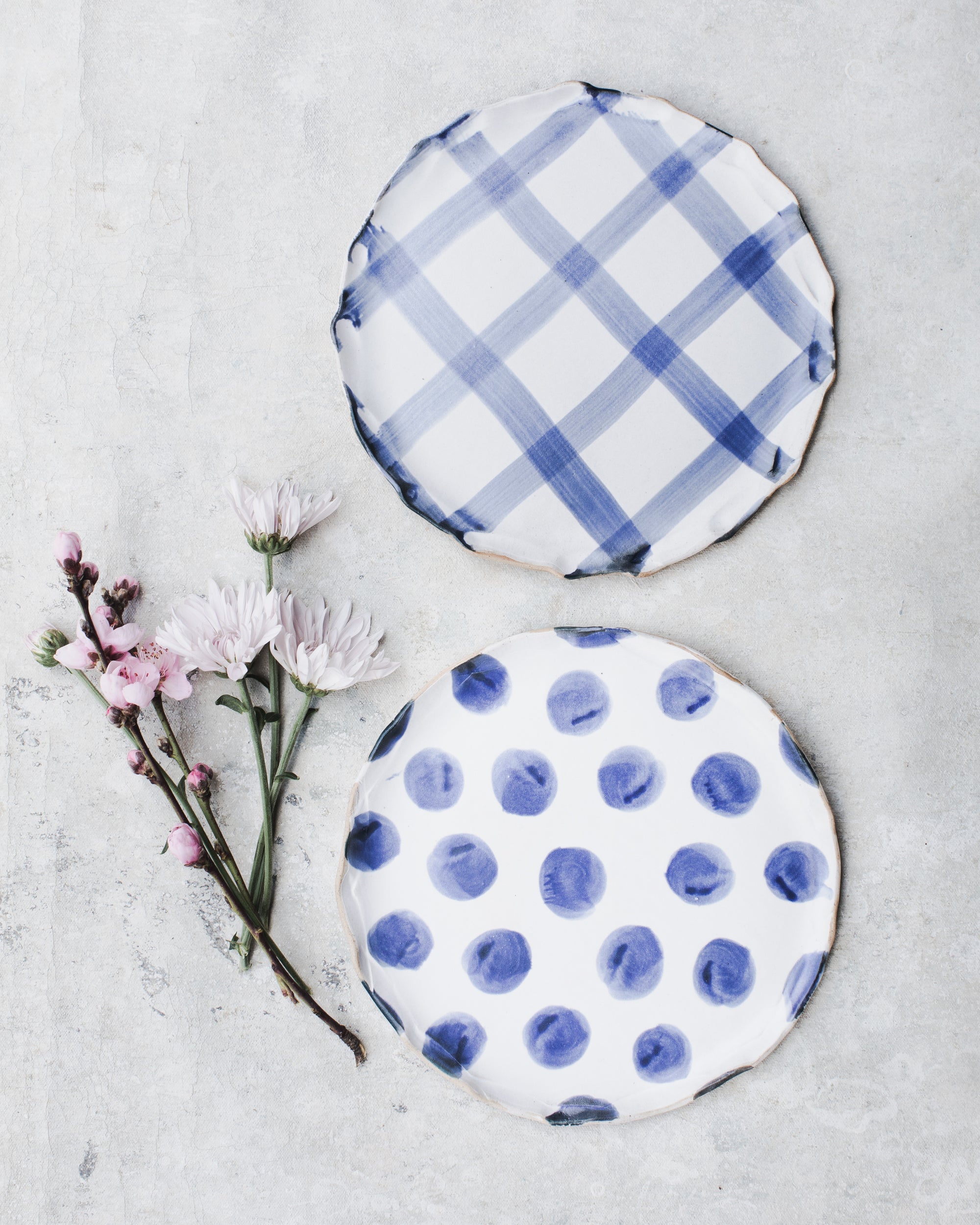 Handmade ceramic patterned plates in navy blue by clay beehive ceramics