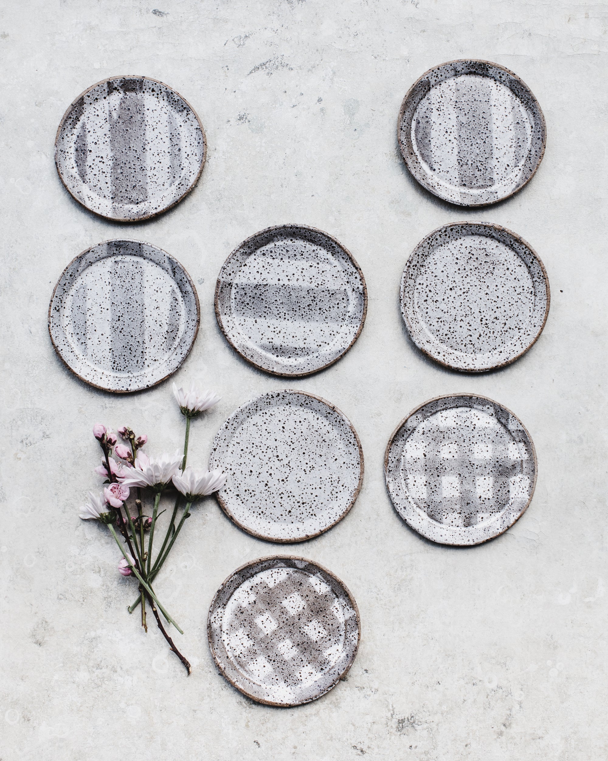 Handmade rustic gritty plates with line, grid and white speckles by Clay Beehive ceramics
