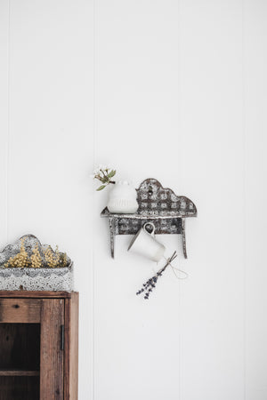 Rustic handmade wall shelf with scalloped rim details and little hangers by clay beehive ceramics