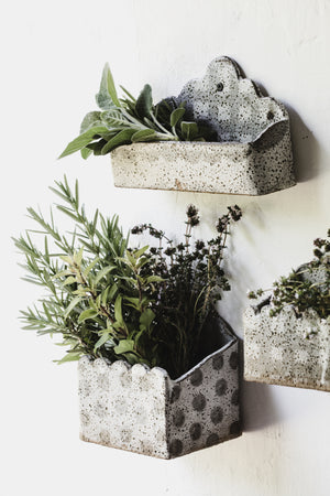 Hanging rustic speckled wall planter boxes with scalloped rim front and high back in grey/white speckled finish by Clay Beehive ceramics
