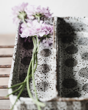 Ceramic handled tray with two comparments handmade in a speckled patterned design by clay beehive