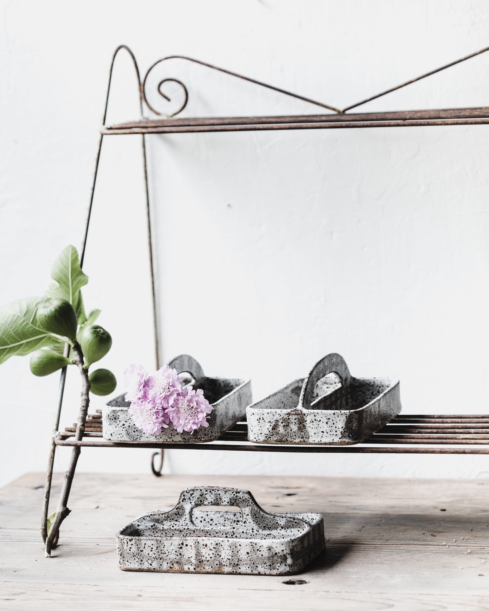 Ceramic handled tray with two comparments handmade in a speckled patterned design by clay beehive