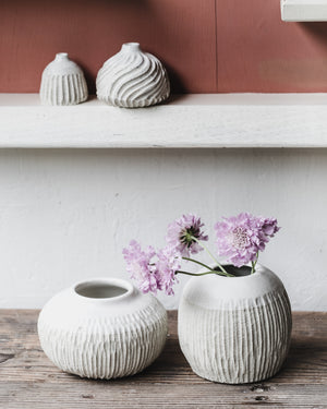 Wheelthrown and handcarved rustic white vases by clay beehive ceramics