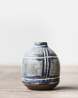 Blue/Grey and white tartan pattern carved bud vase handmade by Clay Beehive ceramics