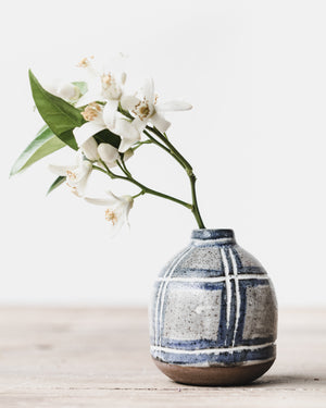 Blue/Grey and white tartan pattern carved bud vase handmade by Clay Beehive ceramics