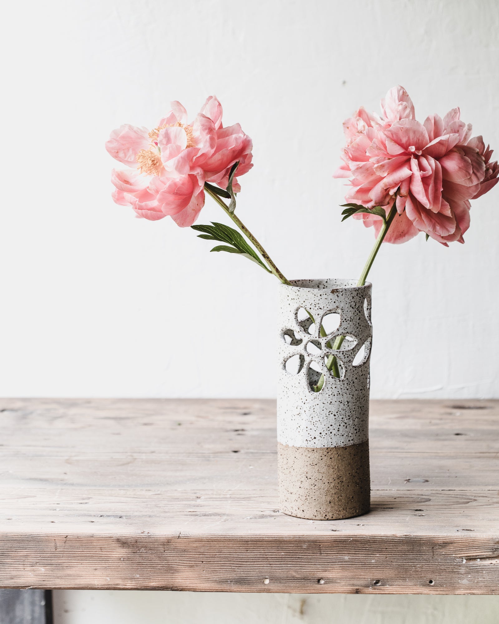 Large 25cm tall rustic speckled flower cutout vase handmade by clay beehive ceramics