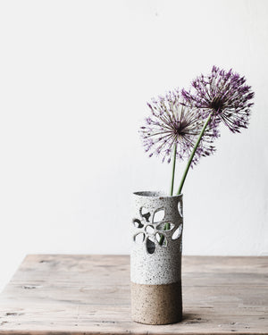 Large 25cm tall rustic speckled flower cutout vase handmade by clay beehive ceramics