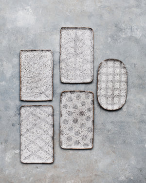 Rustic speckled rectangular tray/plates in grey and white finish handmade by clay beehive ceramics