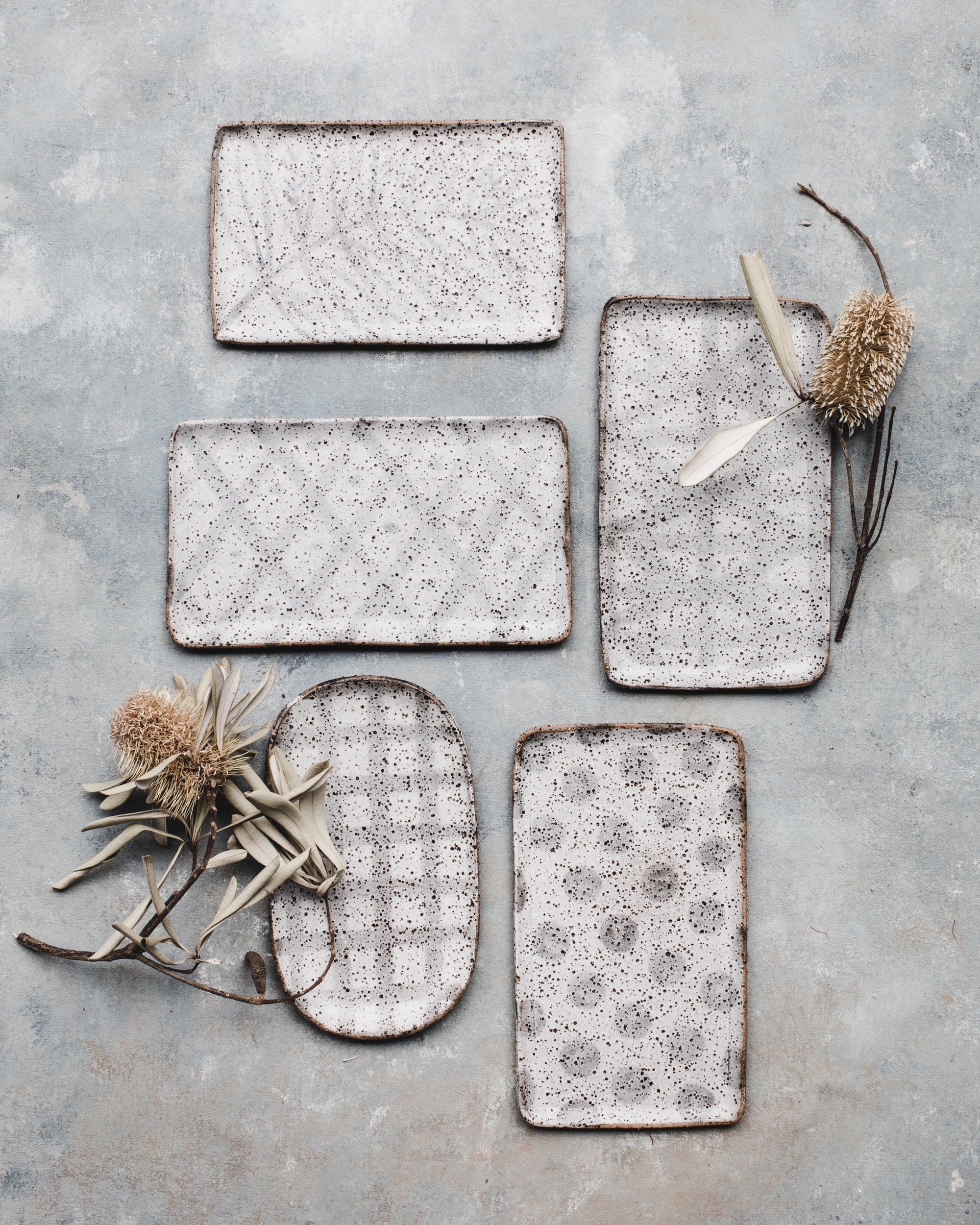 Rustic speckled rectangular tray/plates in grey and white finish handmade by clay beehive ceramics