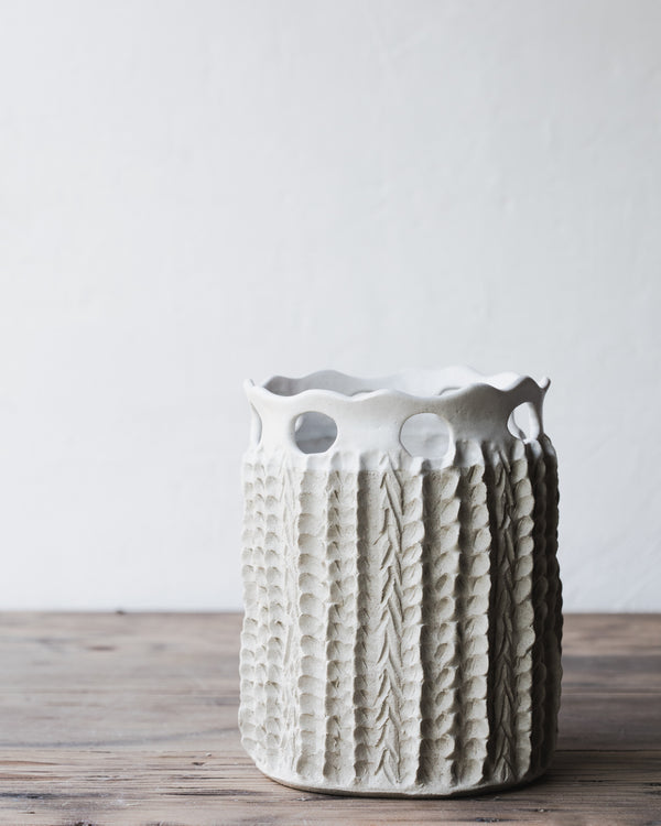 Large white textured cutout rim vase - Clay Beehive