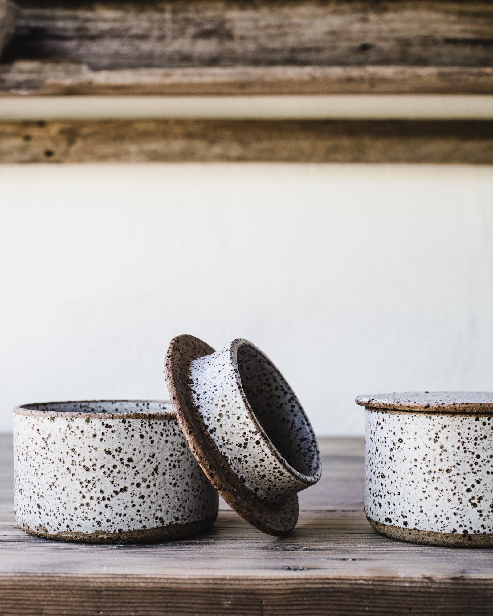 Rustic flat lid storage jars handmade by clay beehive ceramics