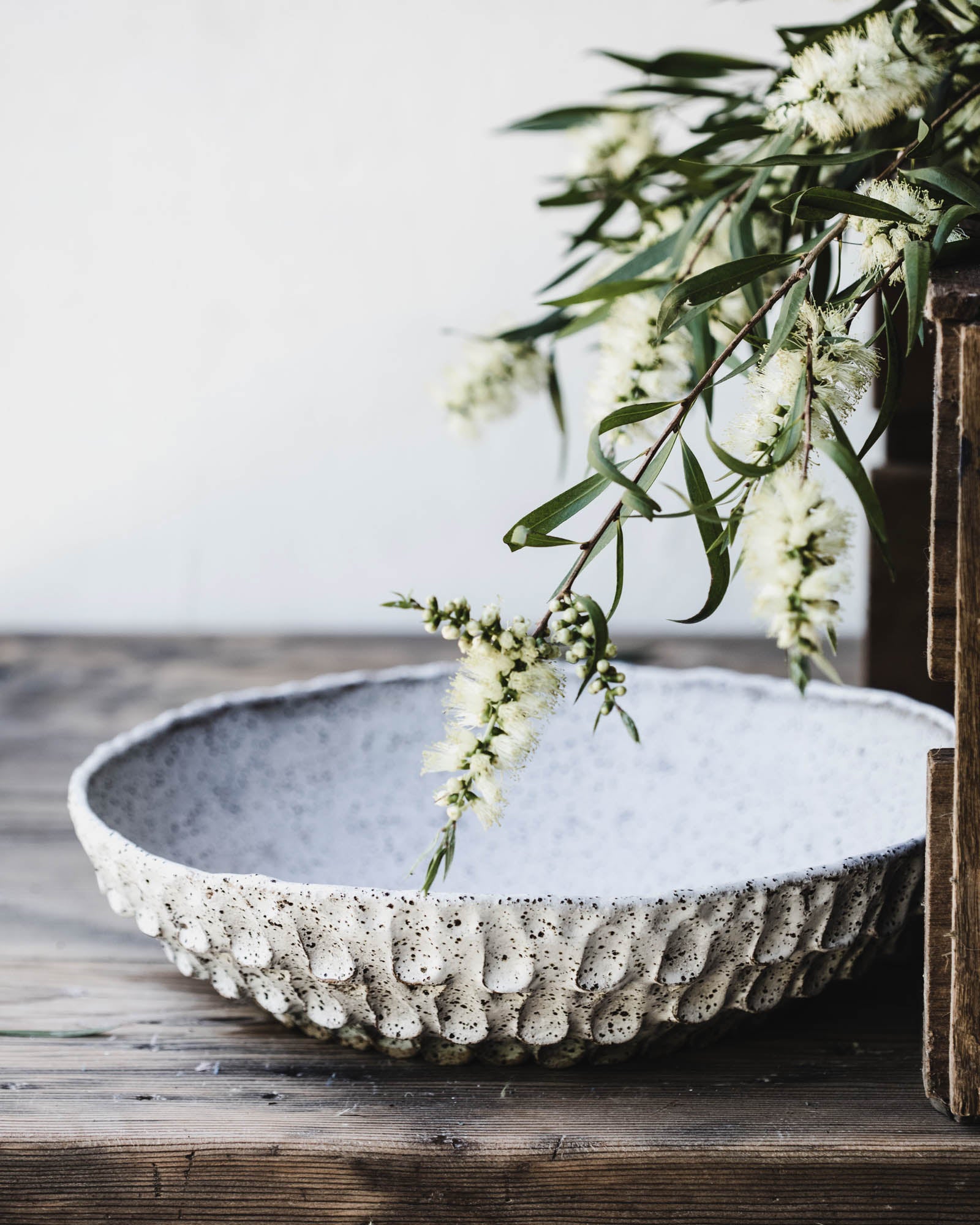 Extra Large textured pinched white bowl with speckled finish handmade by clay beehive ceramics