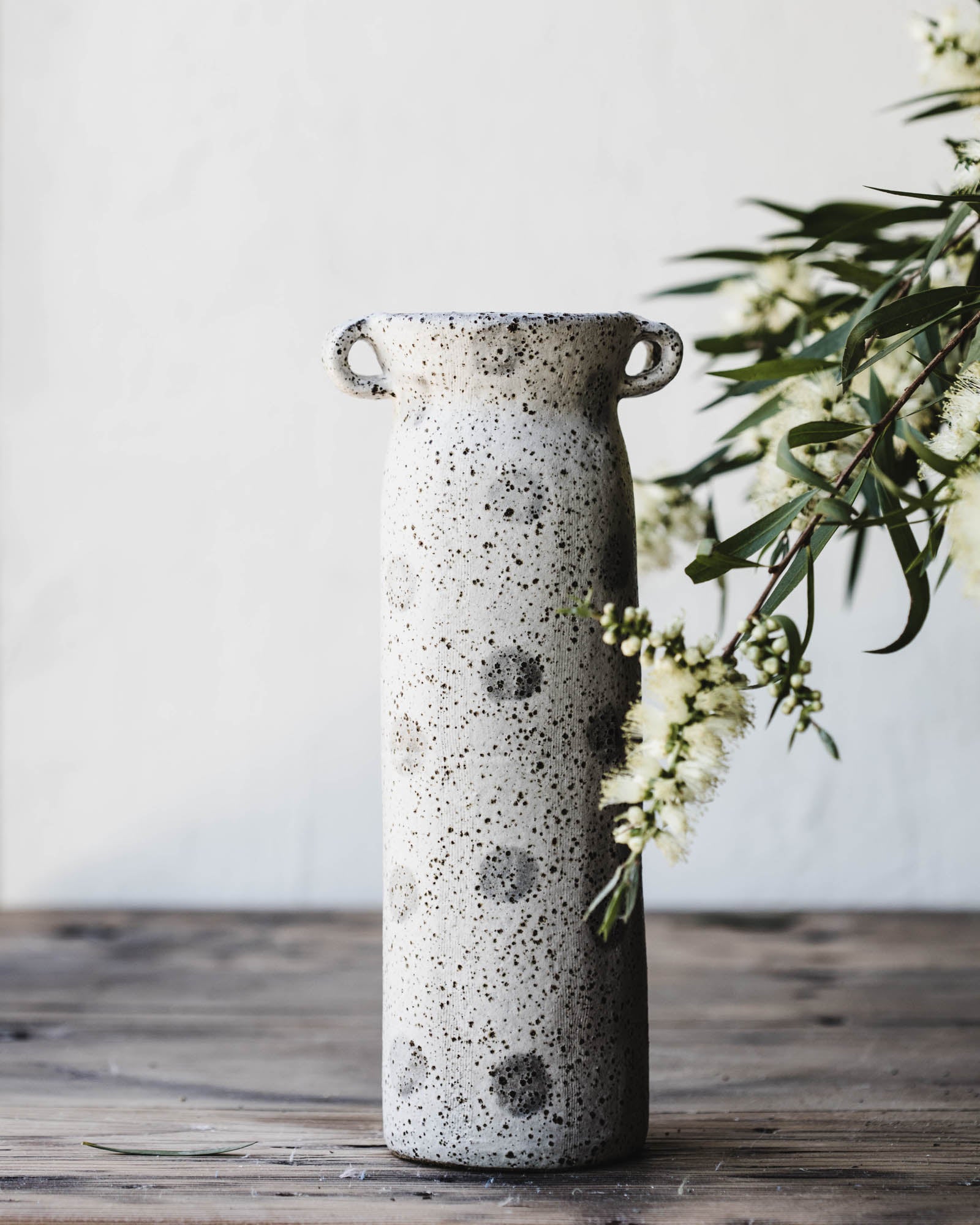Tall speckled polka dot rustic vase with handles by clay beehive ceramics