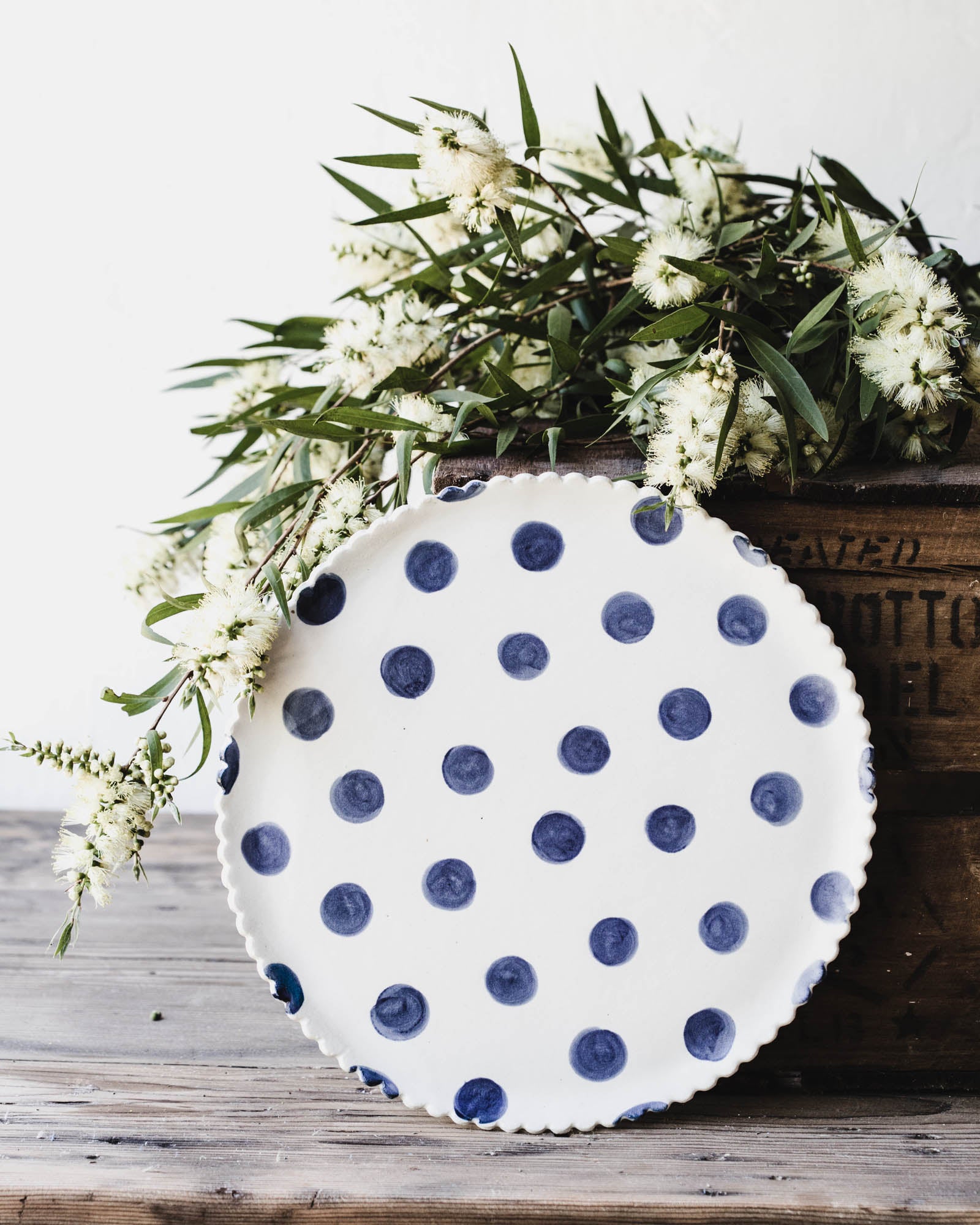Large scallop rim plate with large navy blue polka dots by clay beehive