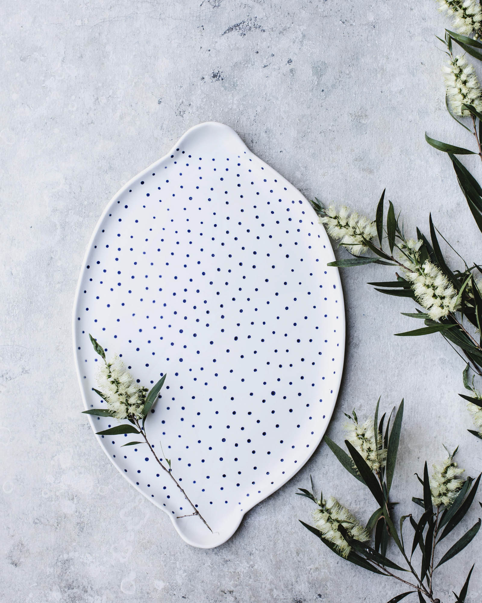 teeny blue dot platter with tab handles by clay beehive ceramics