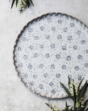 Large rustic grey and white polka dot platter plate for use as a cheese board, cake platter, would make a beautiful wedding gift, handmade by clay beehive ceramics