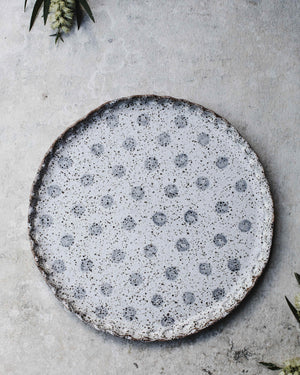 Large rustic grey and white polka dot platter plate for use as a cheese board, cake platter, would make a beautiful wedding gift, handmade by clay beehive ceramics