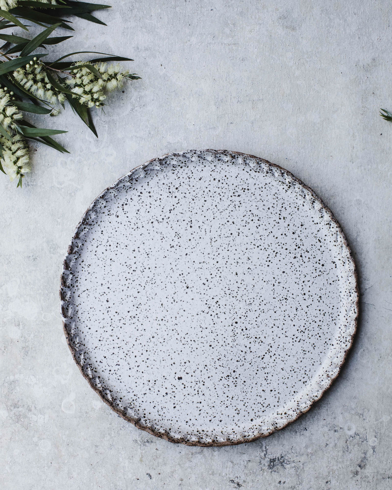 Textured scallop rim rustic speckled satin white platter plate 31.5cm by clay beehive ceramics