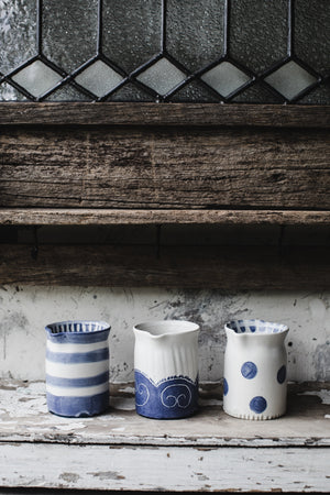Little blue and white farmhouse jugs handmade by clay beehive ceramics - (Group A)